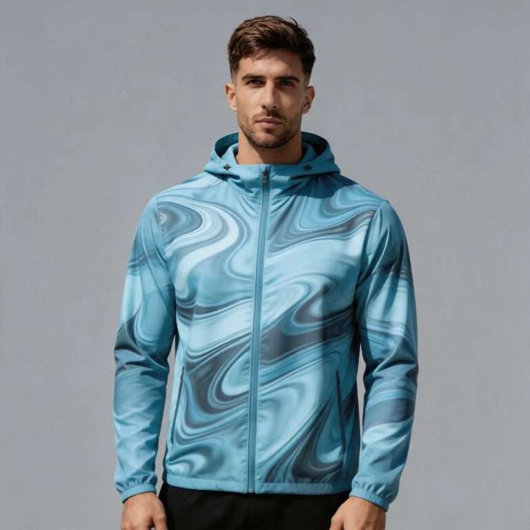 Custom water ripple print fishing jacket manufacturer China – Men's Blue Water Ripple Print Hoodie Jacket Front View