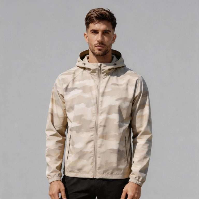 Custom desert camo fishing jacket manufacturer China – Men's Desert Camo Full-Zip Hoodie Jacket Front View