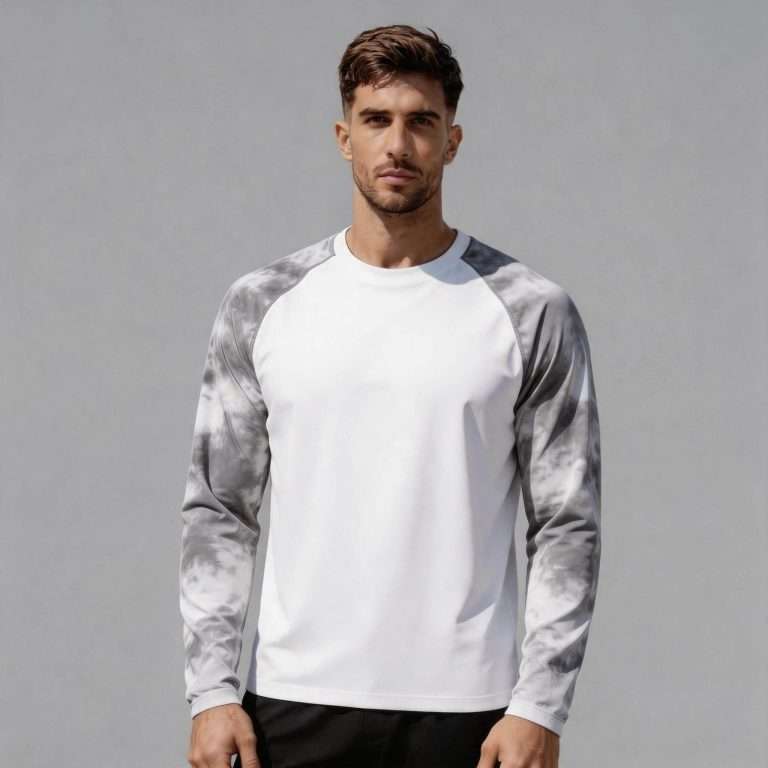 Custom tie dye raglan fishing shirt manufacturer China – Men's Grey Ink Wash Raglan Sleeve Shirt Front View