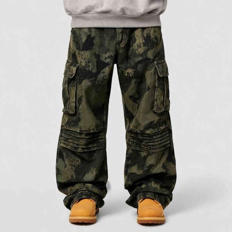 Custom camo cargo pants manufacturer China - front view with digital camo print and multi-layer cargo pockets