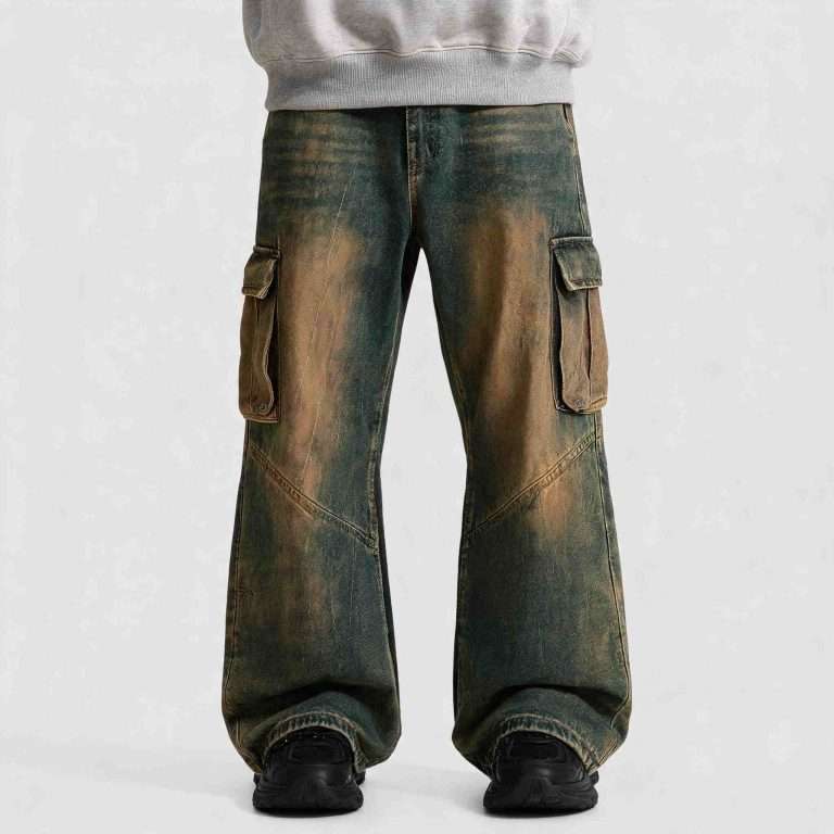 Custom ombre cargo jeans manufacturer China - front view with mud dye gradient from green to bronze and flared bootcut silhouette