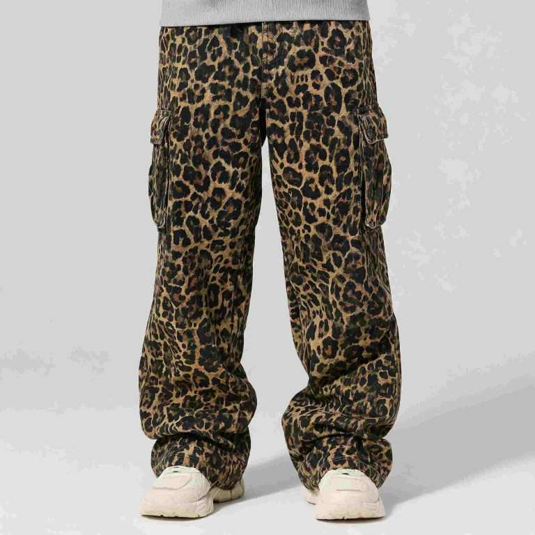 Custom leopard print cargo pants manufacturer China - front view with all-over digital leopard print and multi-layer cargo pockets