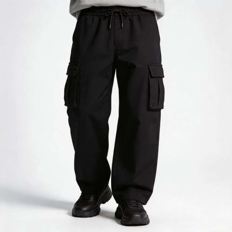 custom cargo pants manufacturer China — men's black multi-pocket cargo work pants front view with relaxed straight-leg fit