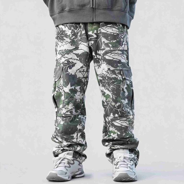 Custom leaf camo cargo pants manufacturer China - front view with all-over botanical digital print and multi-layer cargo pockets