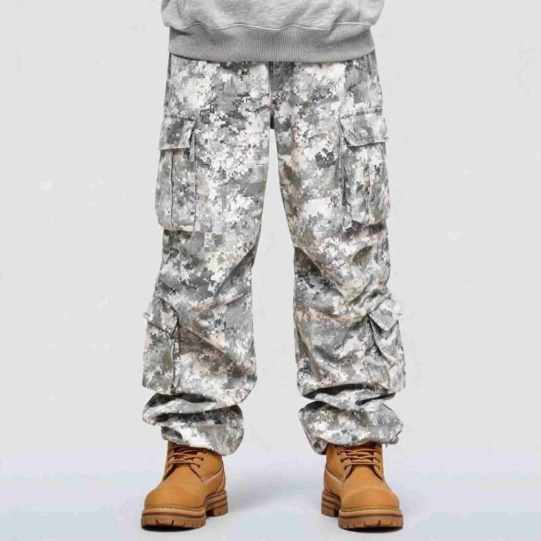 Custom pixel camo cargo pants manufacturer China - front view with all-over digital pixel camo print and stacked multi-layer cargo pockets