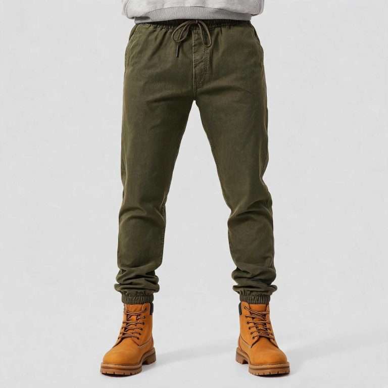 Custom jogger pants manufacturer China - front view with olive green cotton twill and elastic waistband with drawcord